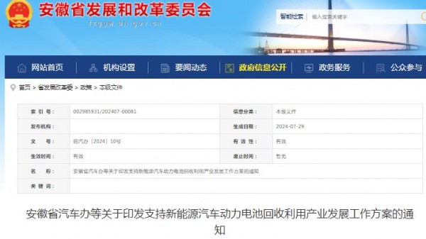 安徽省汽车办等关于印发支持新能源汽车动力电池回收利用产业发展工作方案的通知